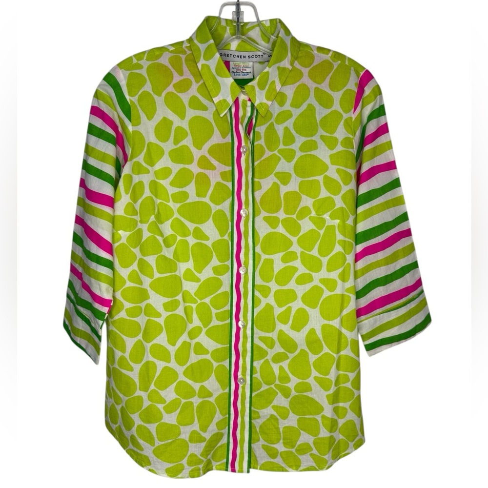 Gretchen Scott Cotton Button Down Top – Lime Green Pink Print – Size Small
